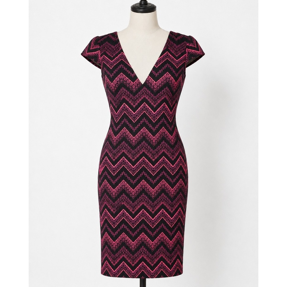 DG NY Womens 1X Black Pink Chevron Dress Sheer Lace Back Stretch Bodycon Made...
